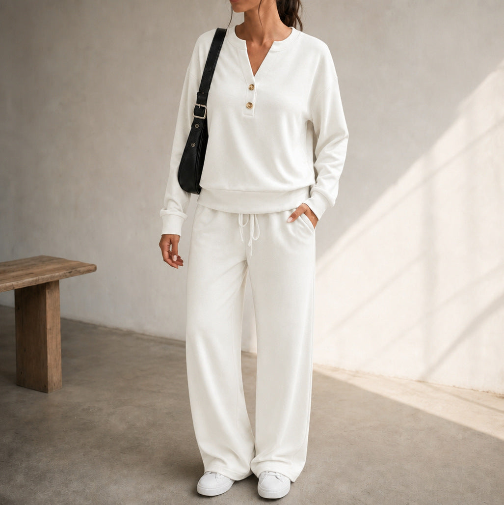 Fleece Henley Wide Leg Two Piece Set