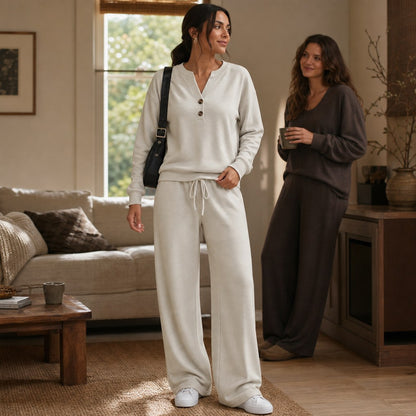 Fleece Henley Wide Leg Two Piece Set