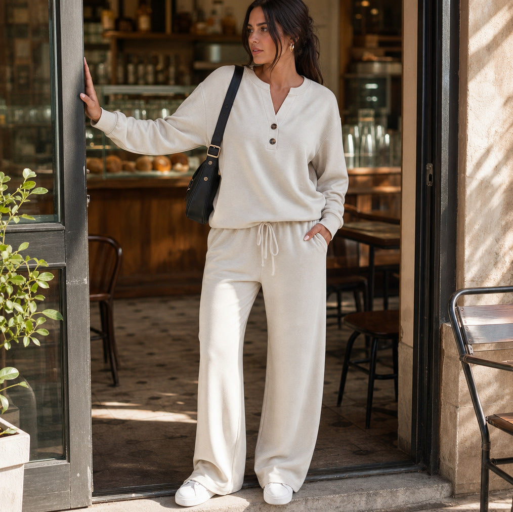 Fleece Henley Wide Leg Two Piece Set