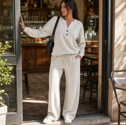 Fleece Henley Wide Leg Two Piece Set