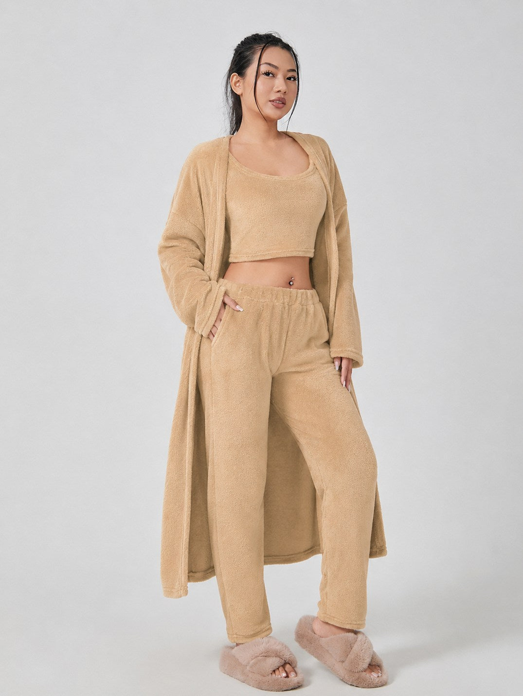 Fleece Robe and Pants Loungewear Set