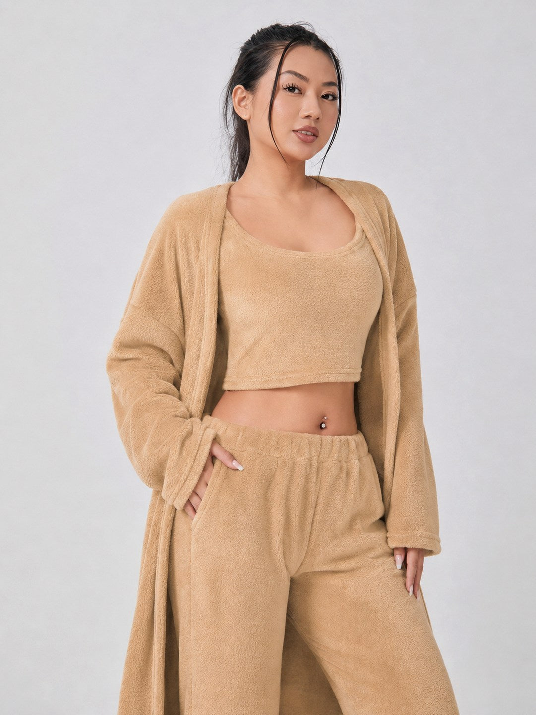 Fleece Robe and Pants Loungewear Set