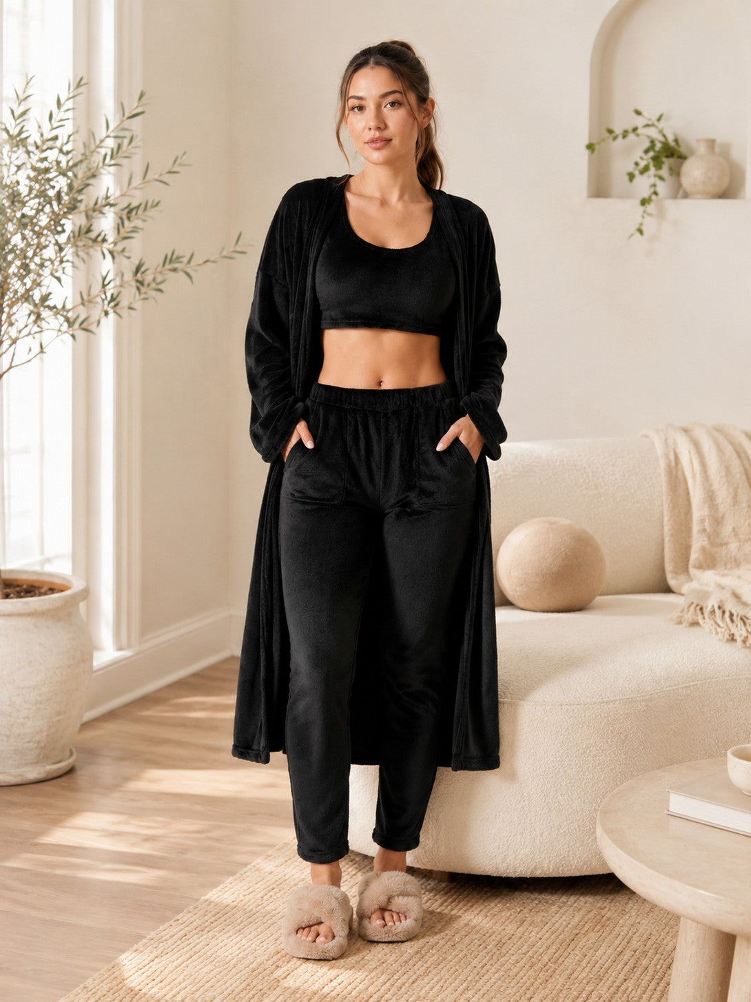 Fleece Robe and Pants Loungewear Set