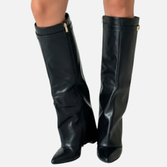 Fold Over Pointed Knee High Boots