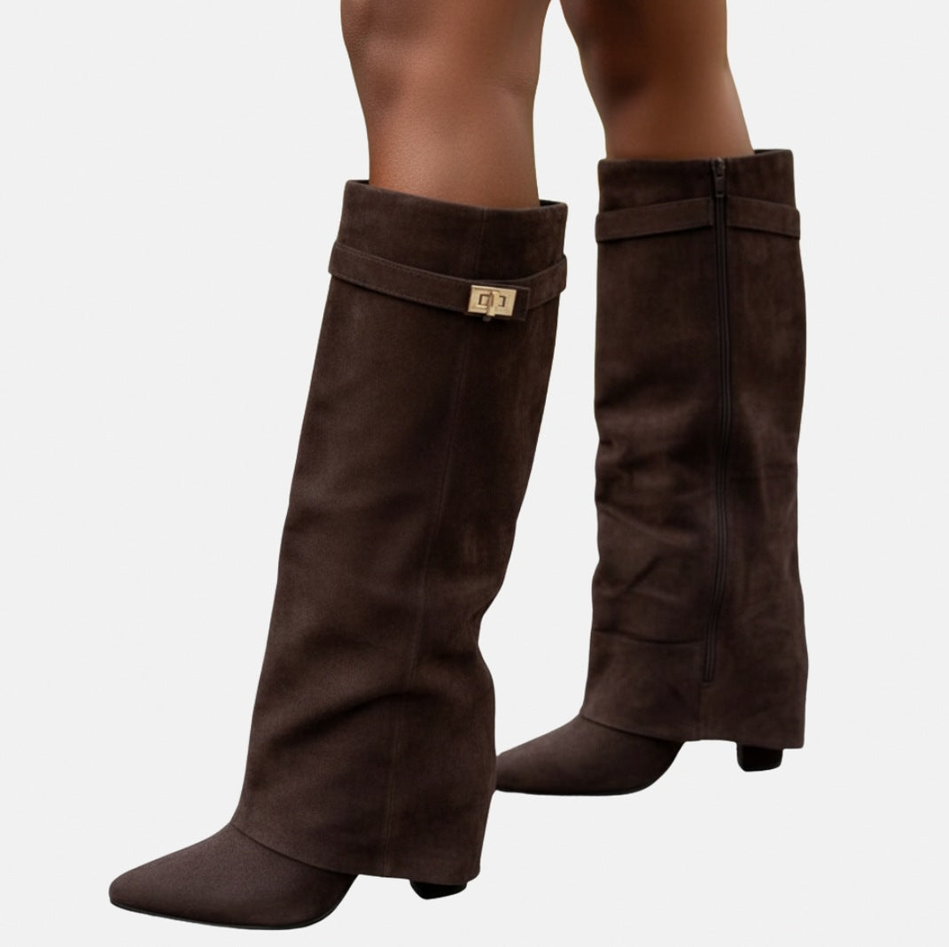 Fold Over Pointed Knee High Boots