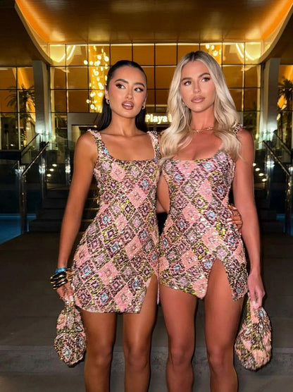 Geometric Sequin Square Neck Mini Dress
