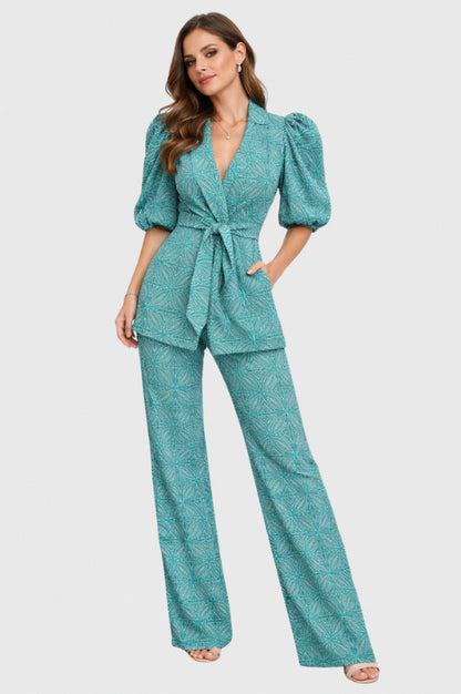 Geometric Wrap Puff Sleeve Two Piece Set