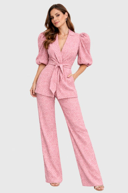 Geometric Wrap Puff Sleeve Two Piece Set