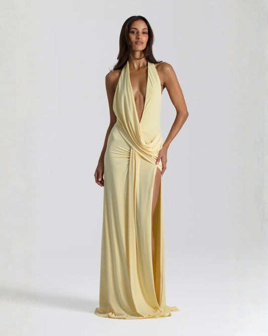 Halter Draped Slit Maxi Dress