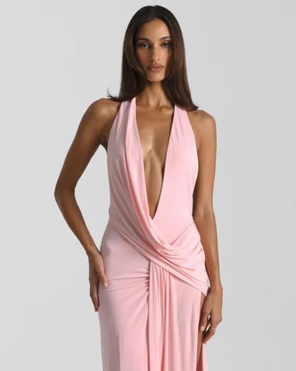Halter Draped Slit Maxi Dress