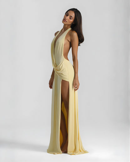 Halter Draped Slit Maxi Dress