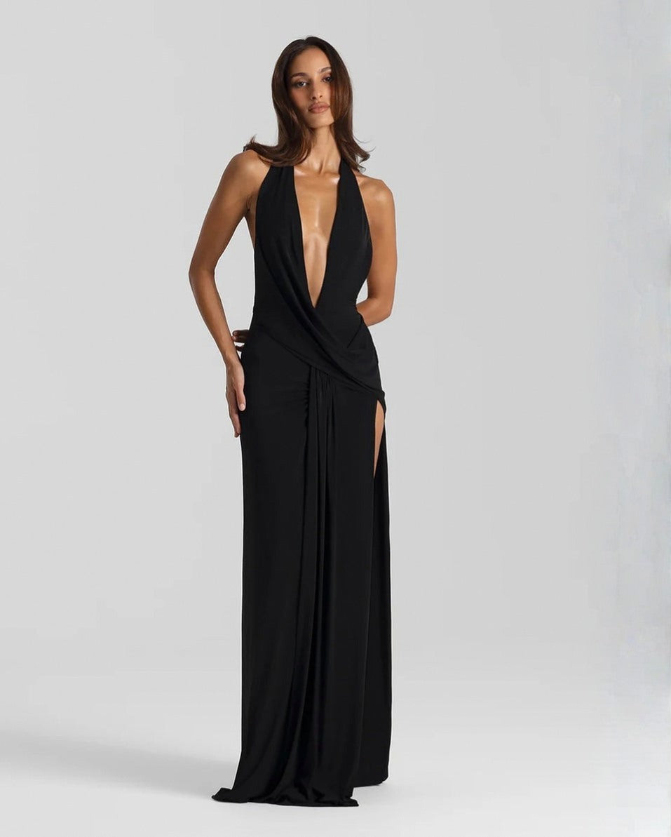 Halter Draped Slit Maxi Dress