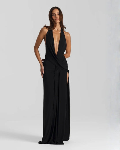 Halter Draped Slit Maxi Dress