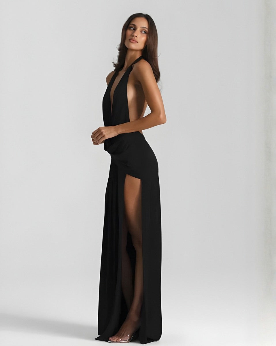 Halter Draped Slit Maxi Dress