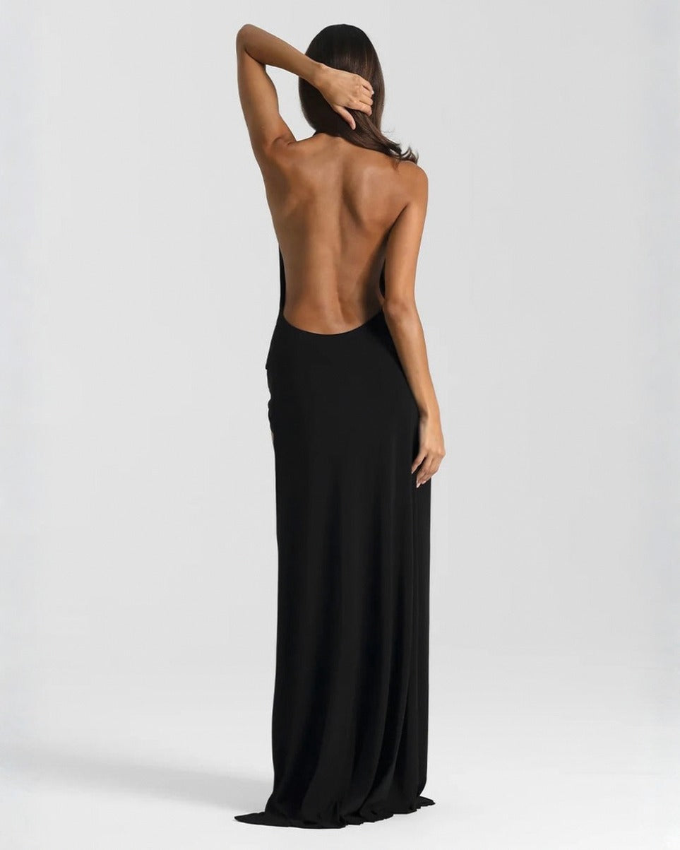 Halter Draped Slit Maxi Dress