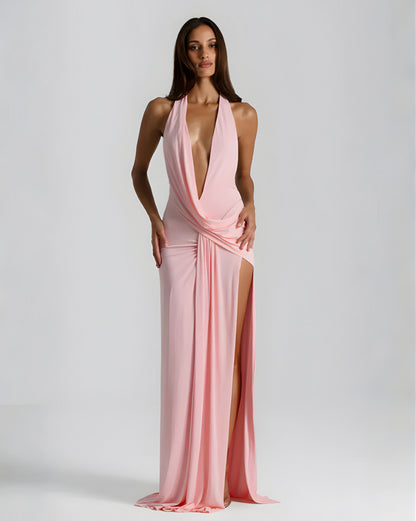 Halter Draped Slit Maxi Dress