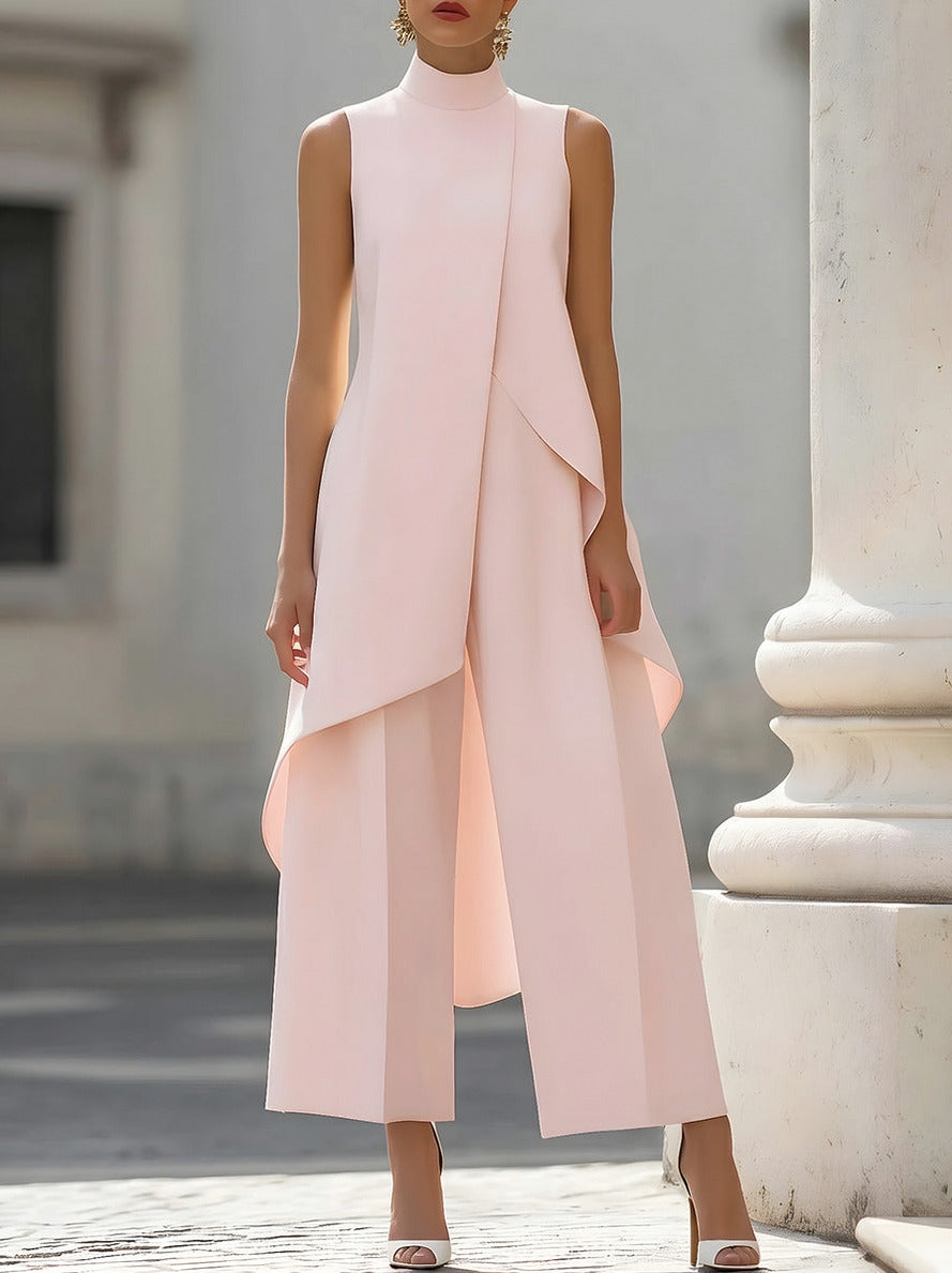 High Neck Asymmetrical Wide Leg Jumpsuit