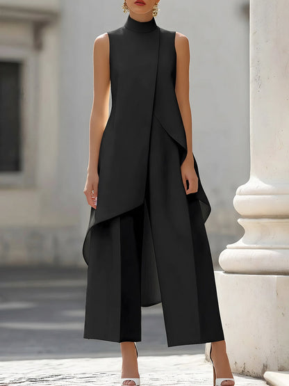 High Neck Asymmetrical Wide Leg Jumpsuit