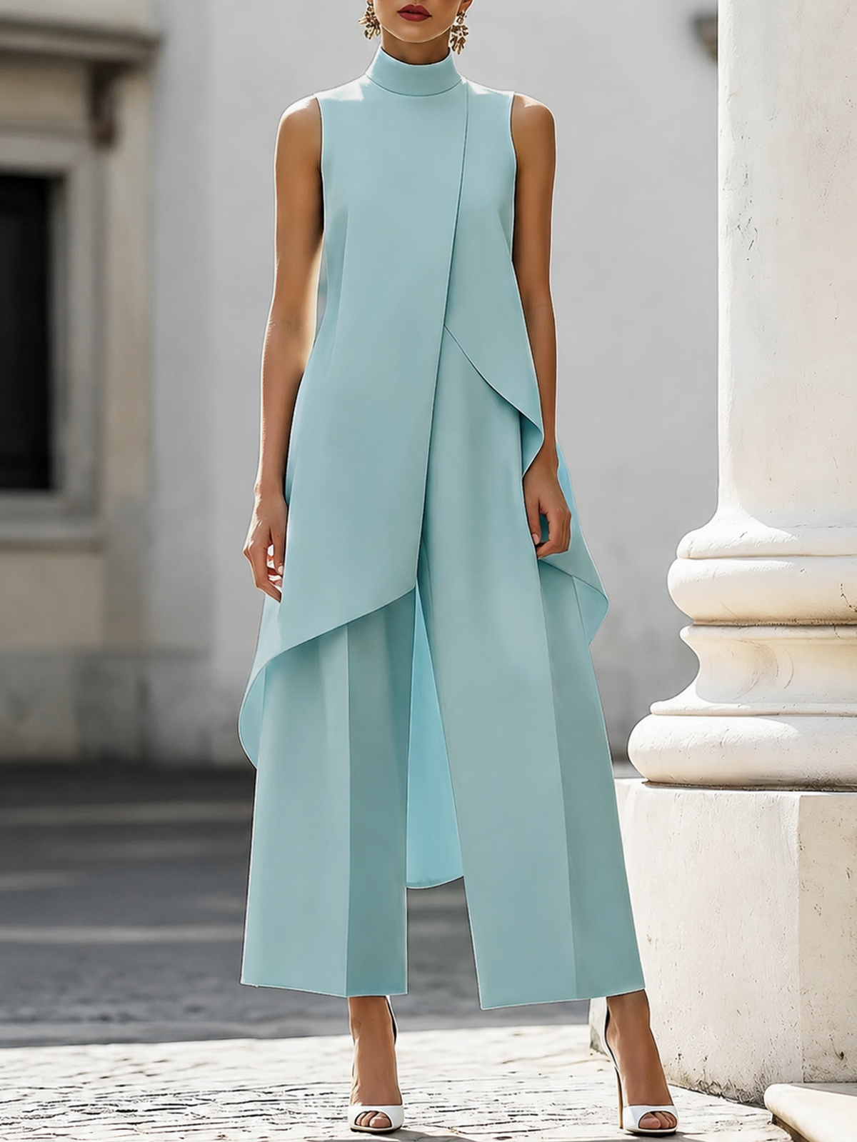 High Neck Asymmetrical Wide Leg Jumpsuit