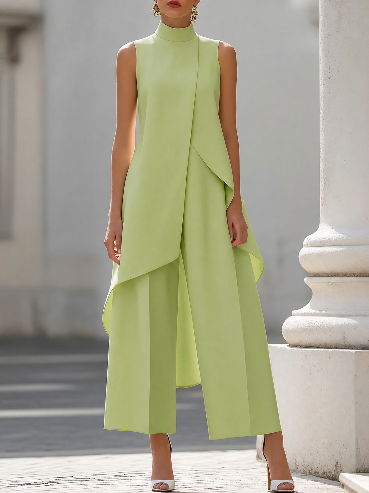 High Neck Asymmetrical Wide Leg Jumpsuit