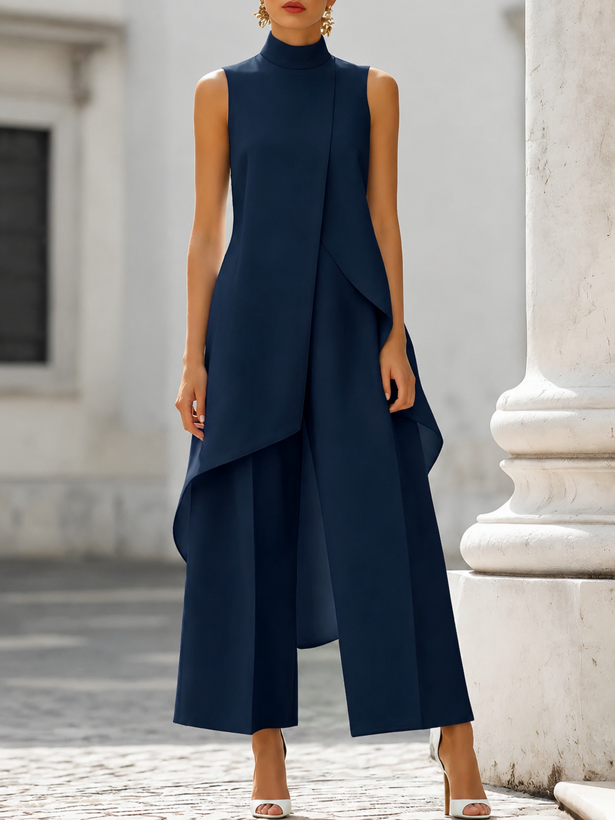 High Neck Asymmetrical Wide Leg Jumpsuit