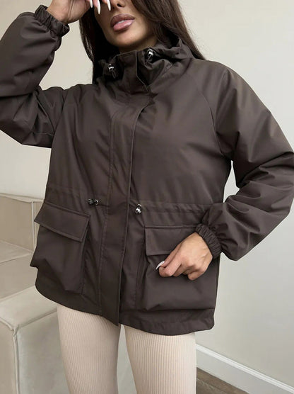 Hooded Drawstring Waist Utility Jacket