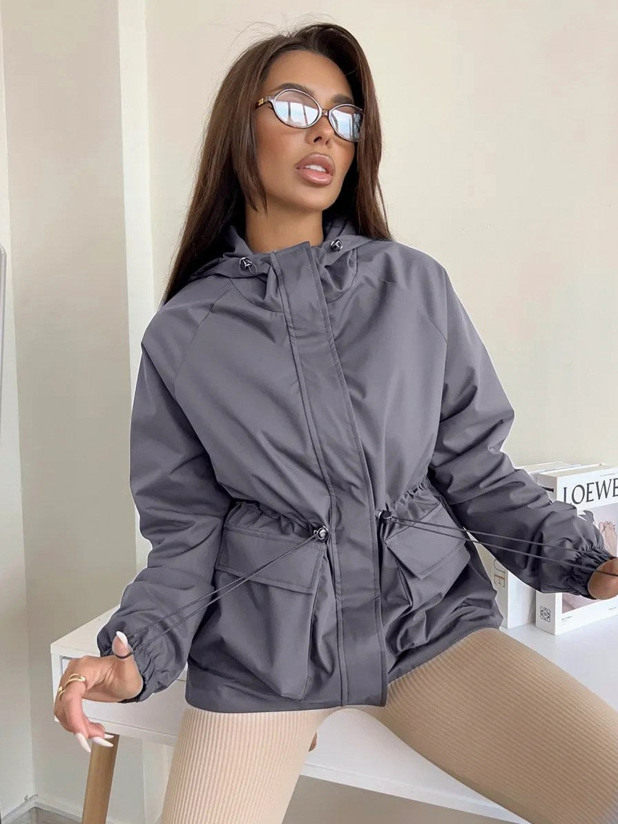 Hooded Drawstring Waist Utility Jacket