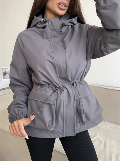 Hooded Drawstring Waist Utility Jacket
