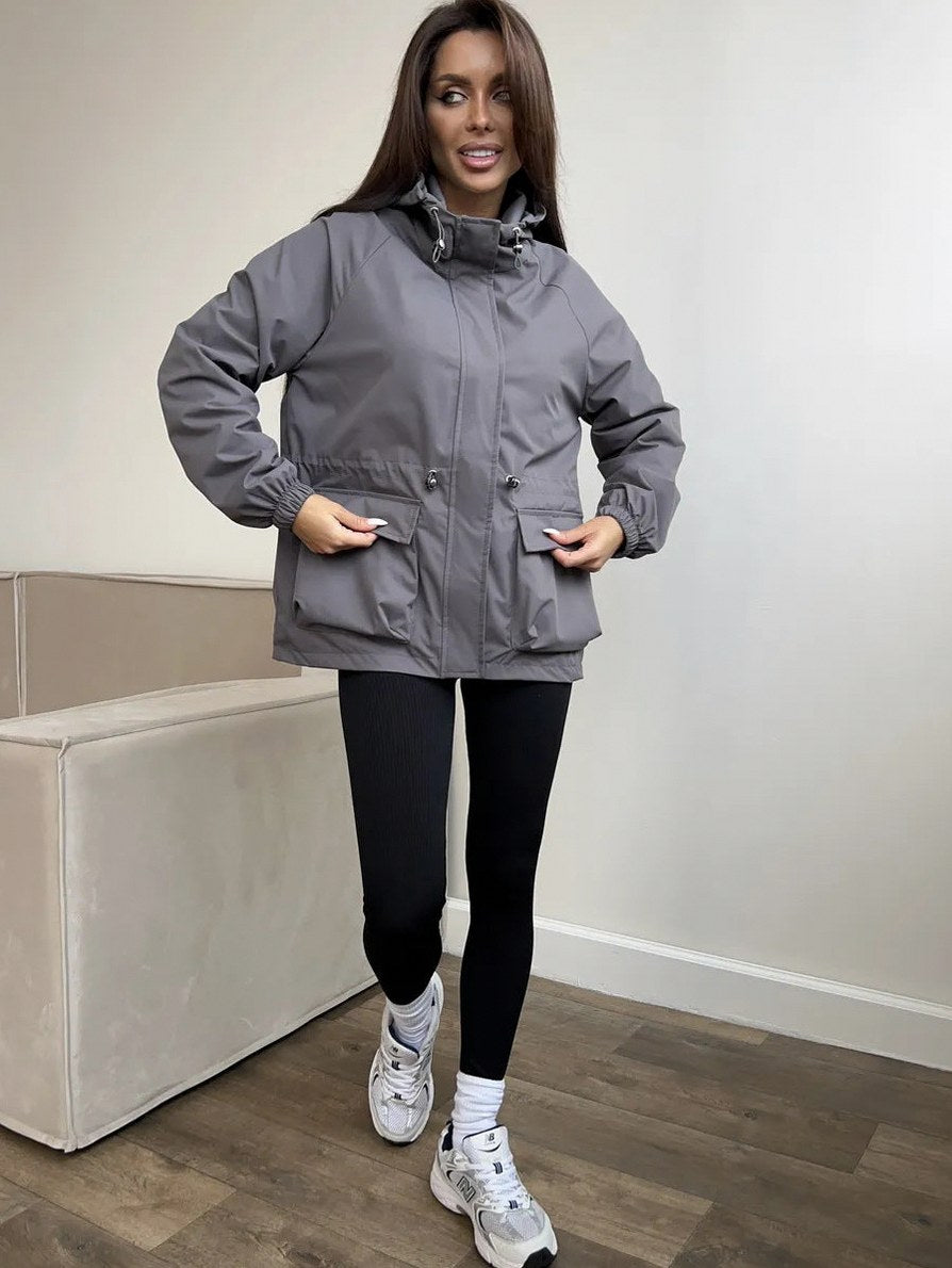 Hooded Drawstring Waist Utility Jacket