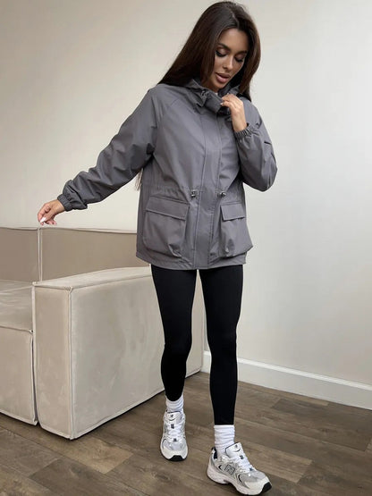 Hooded Drawstring Waist Utility Jacket