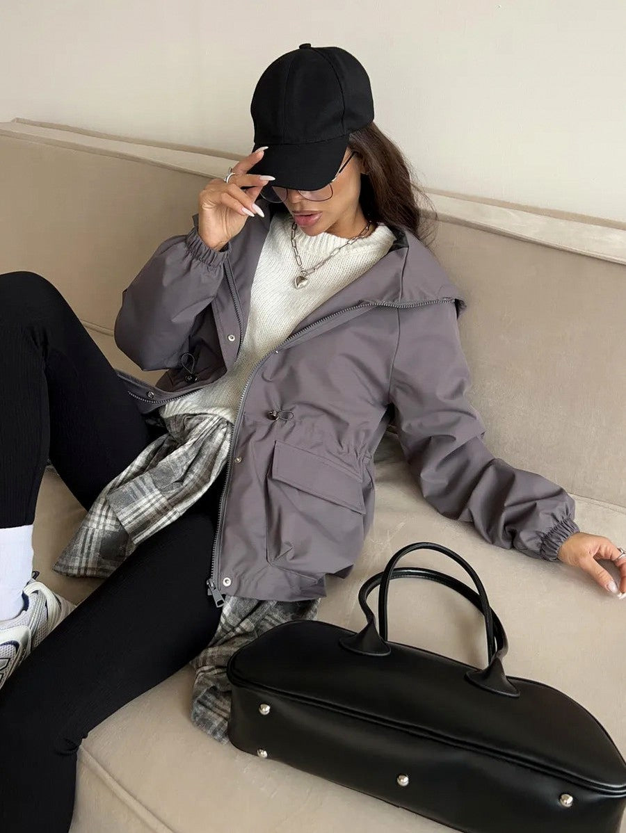 Hooded Drawstring Waist Utility Jacket