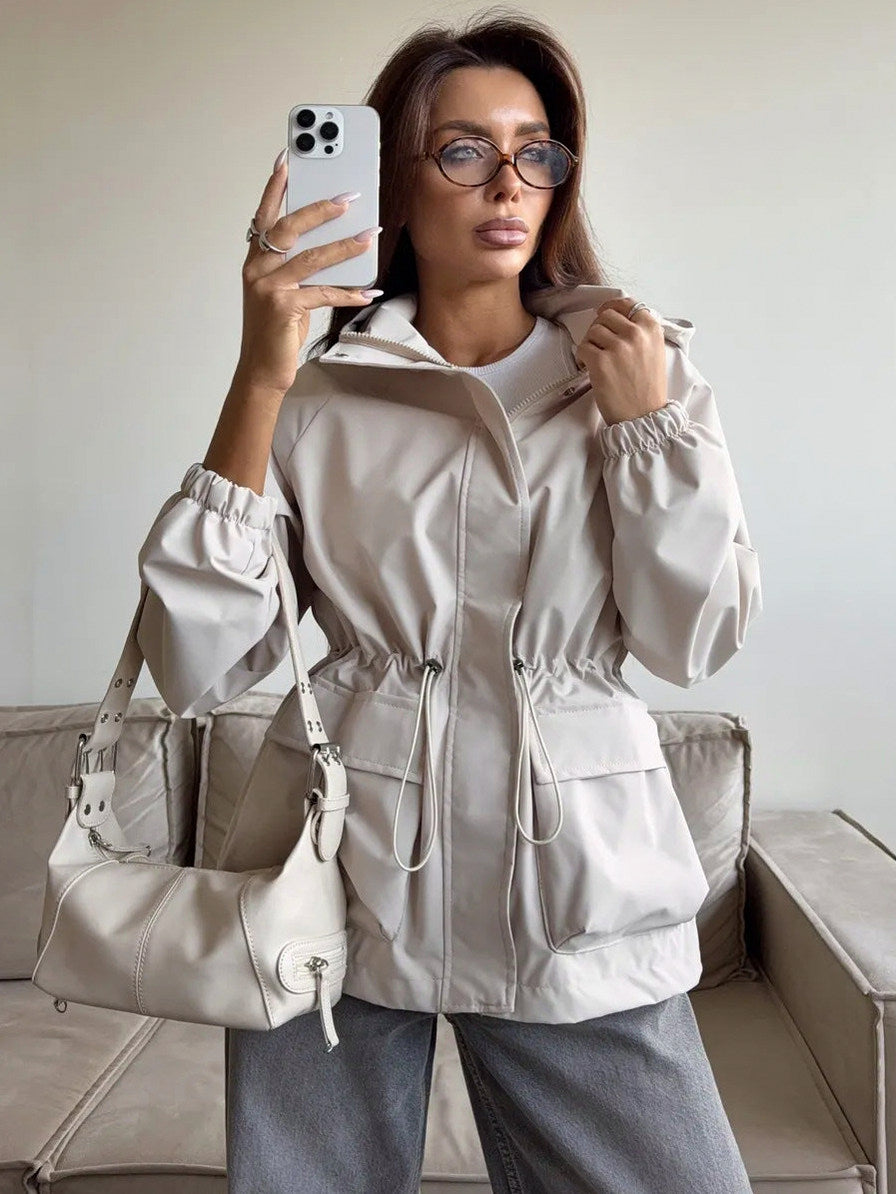 Hooded Drawstring Waist Utility Jacket