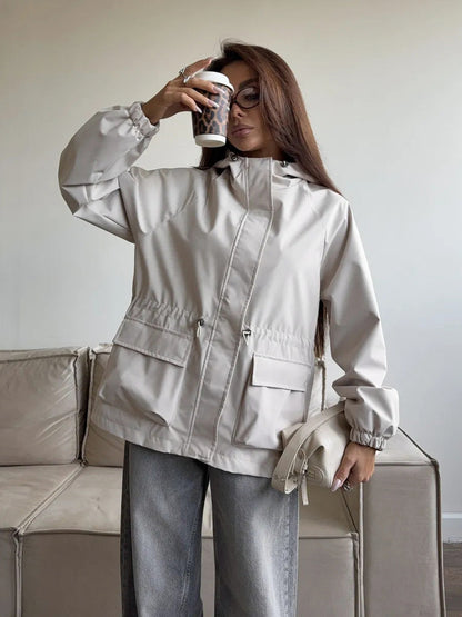 Hooded Drawstring Waist Utility Jacket