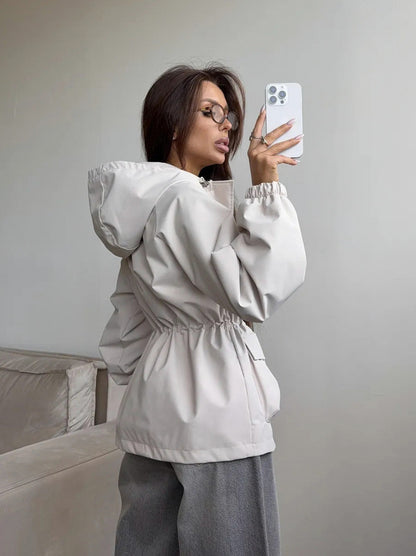 Hooded Drawstring Waist Utility Jacket
