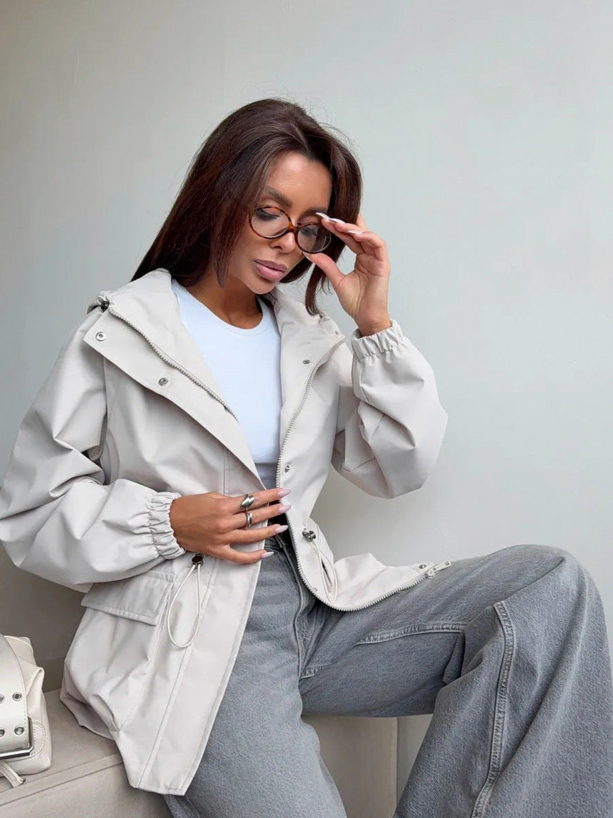 Hooded Drawstring Waist Utility Jacket