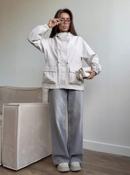 Hooded Drawstring Waist Utility Jacket
