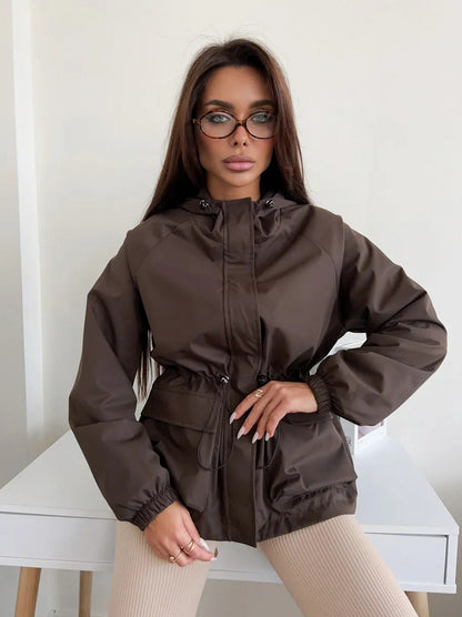 Hooded Drawstring Waist Utility Jacket