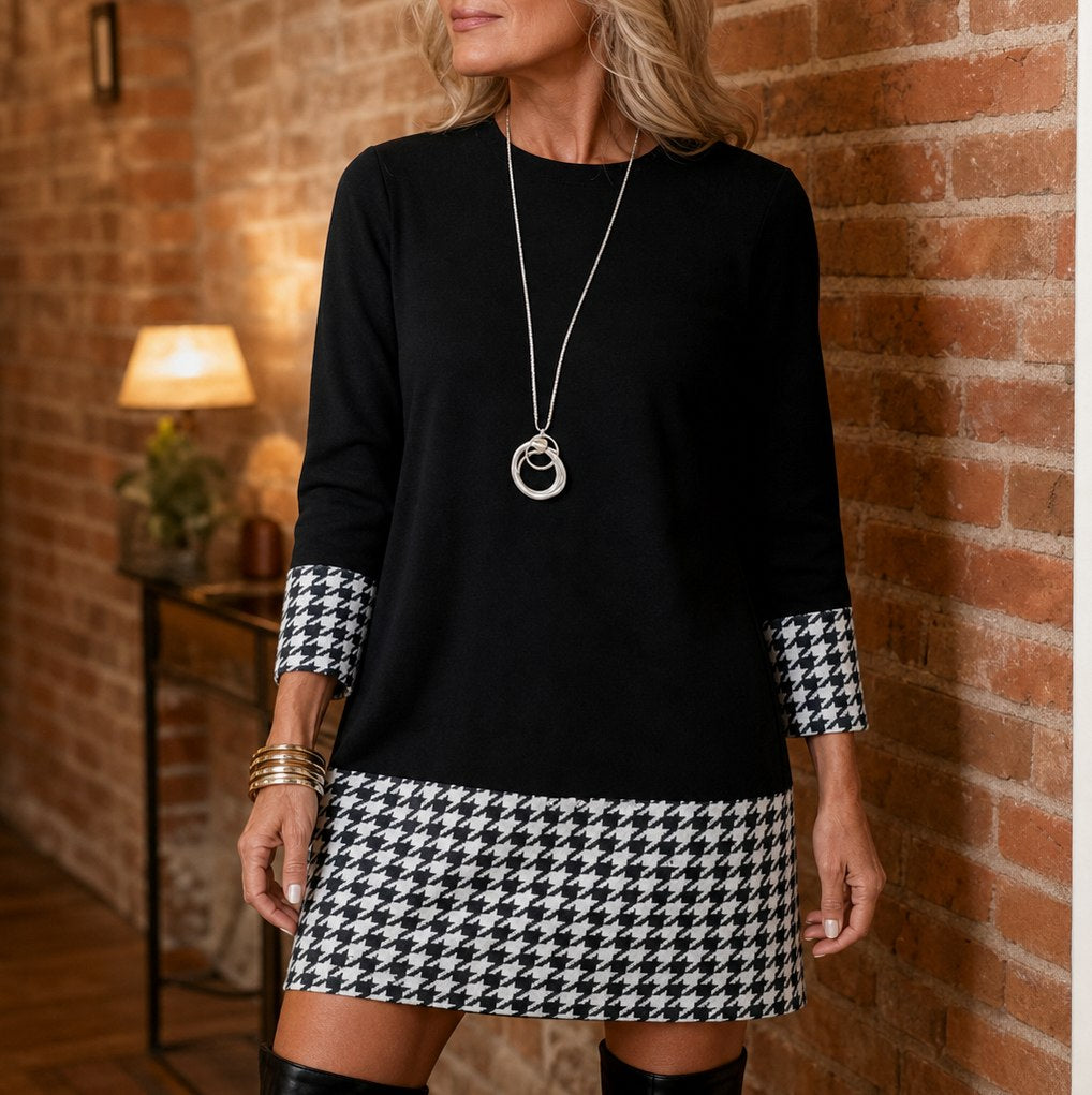 Houndstooth Long Sleeve Shift Mini Dress