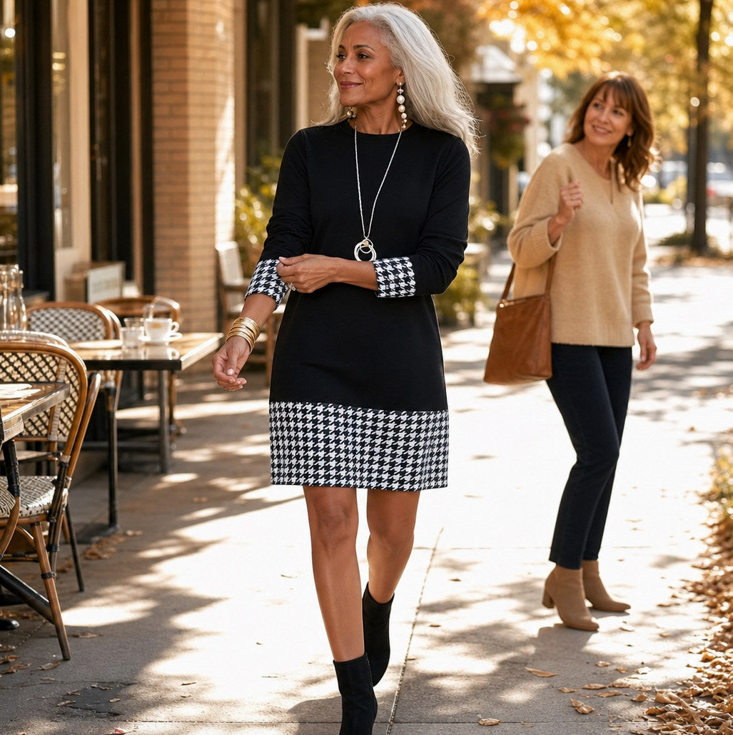 Houndstooth Long Sleeve Shift Mini Dress