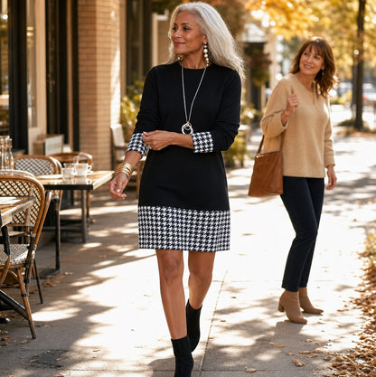Houndstooth Long Sleeve Shift Mini Dress