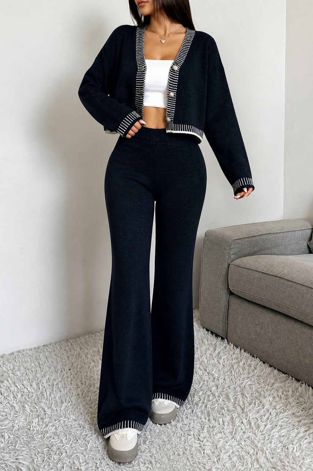Knit Button Front Cardigan Two Piece Set