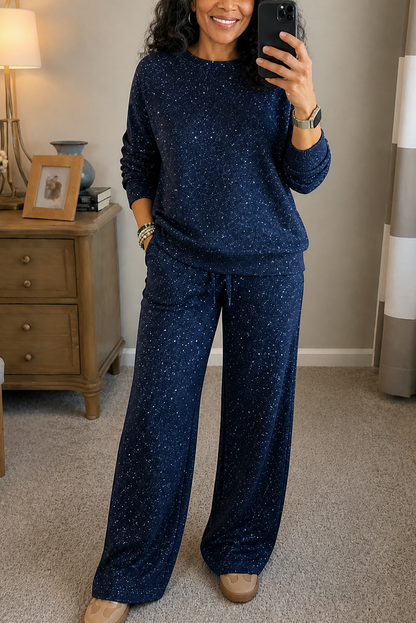Knit Long Sleeve Wide Leg Matching Set