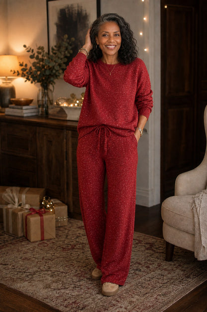 Knit Long Sleeve Wide Leg Matching Set