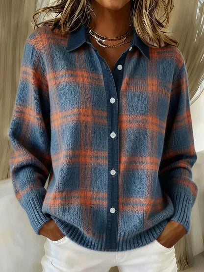 Knit Plaid Button Front Cardigan
