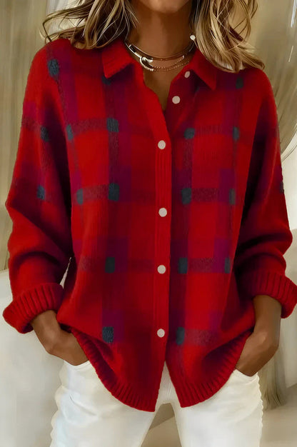 Knit Plaid Button Front Cardigan