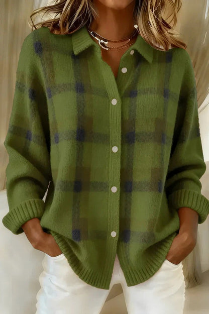 Knit Plaid Button Front Cardigan