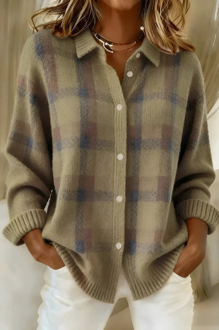 Knit Plaid Button Front Cardigan