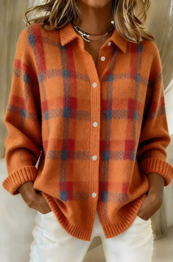 Knit Plaid Button Front Cardigan