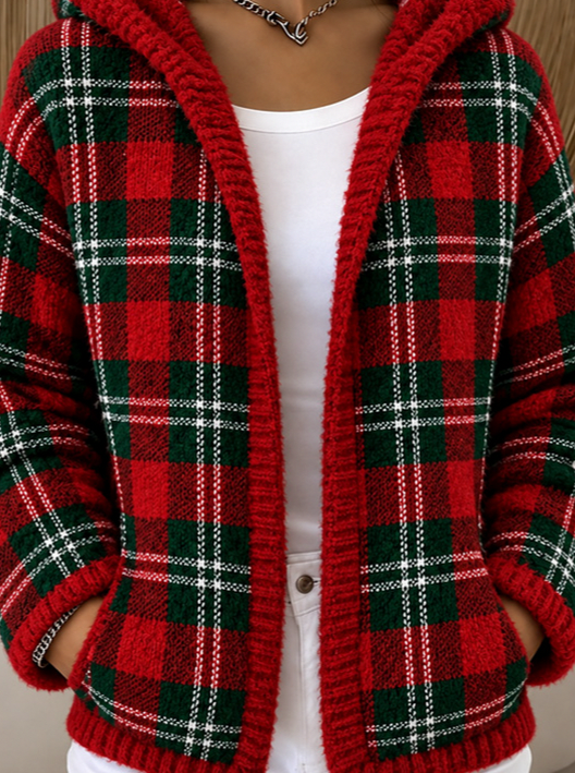 Knit Plaid Hooded Cardigan
