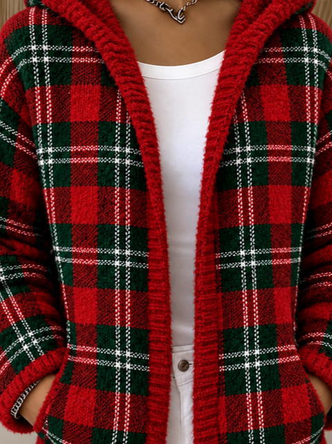 Knit Plaid Hooded Cardigan